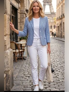 LOUEBEN long sleeved fully lined Blue & White polka dot blazer Size 10